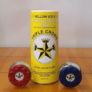 Yellow Triple Ice II Crown Shuffleboard Wax with a puck on each side of the can