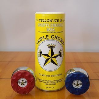 Yellow can of Triple Crown Shuffleboard Yellow Ice III with pucks on either side of the can.